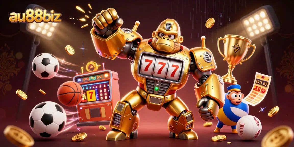 Experience thrilling gaming at au88biz with a dynamic 3D casino scene featuring a golden gorilla mech.