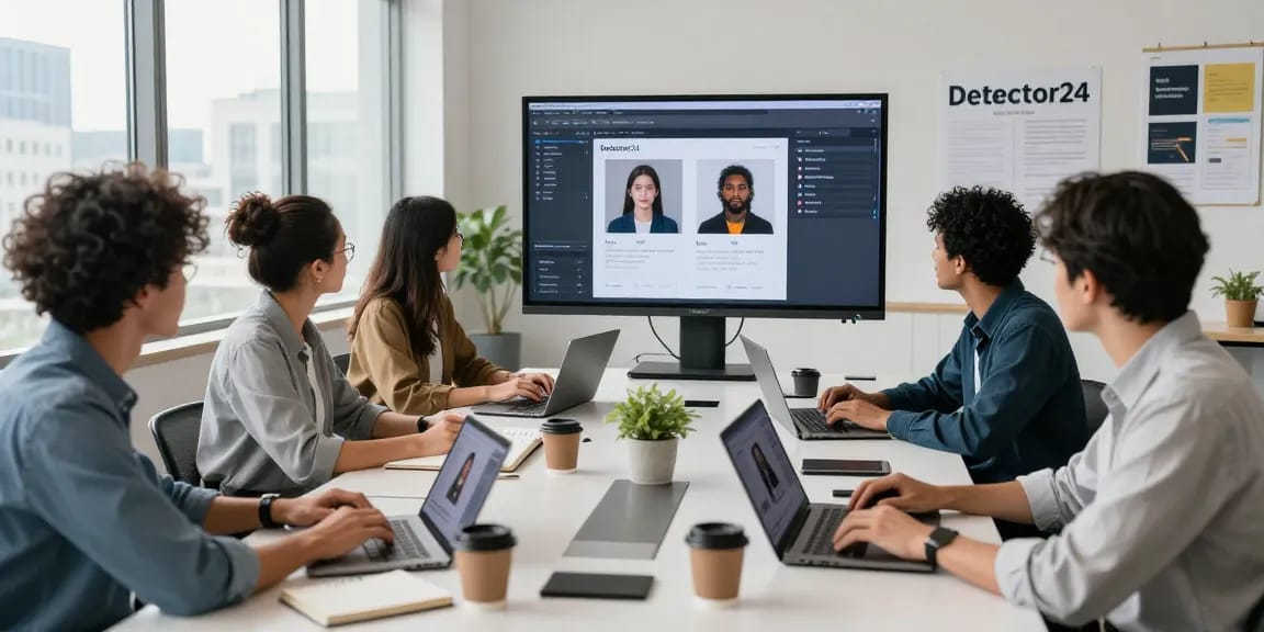 Team using Detector24 to detect AI images in a modern workspace.