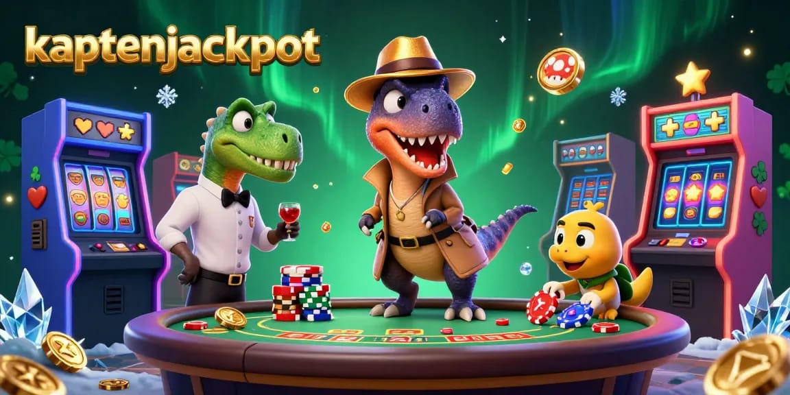 Kaptenjackpot, the velociraptor card counter at a blackjack table, surrounded by colorful casino elements.