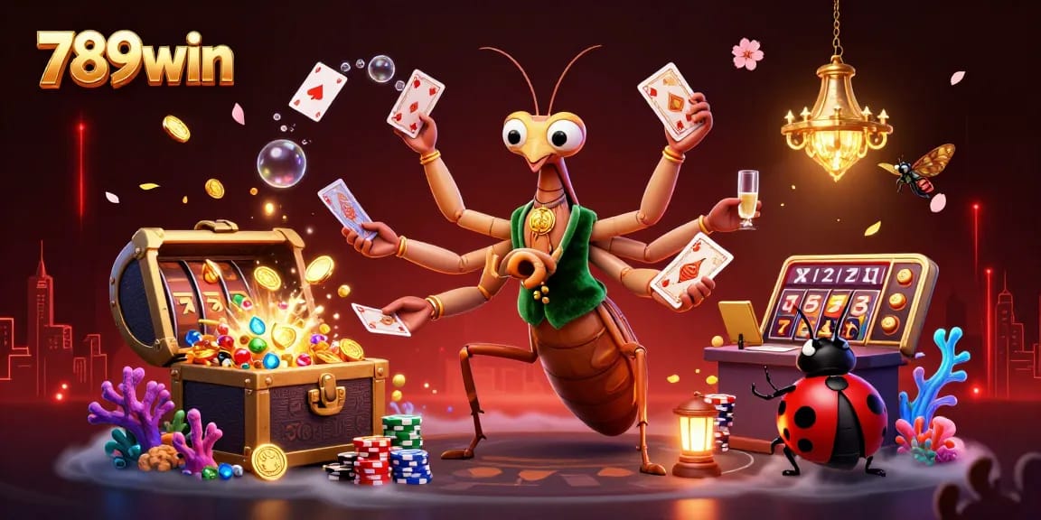 Engage with thrilling 789win casino adventures featuring a vibrant 3D scene filled with gaming elements.