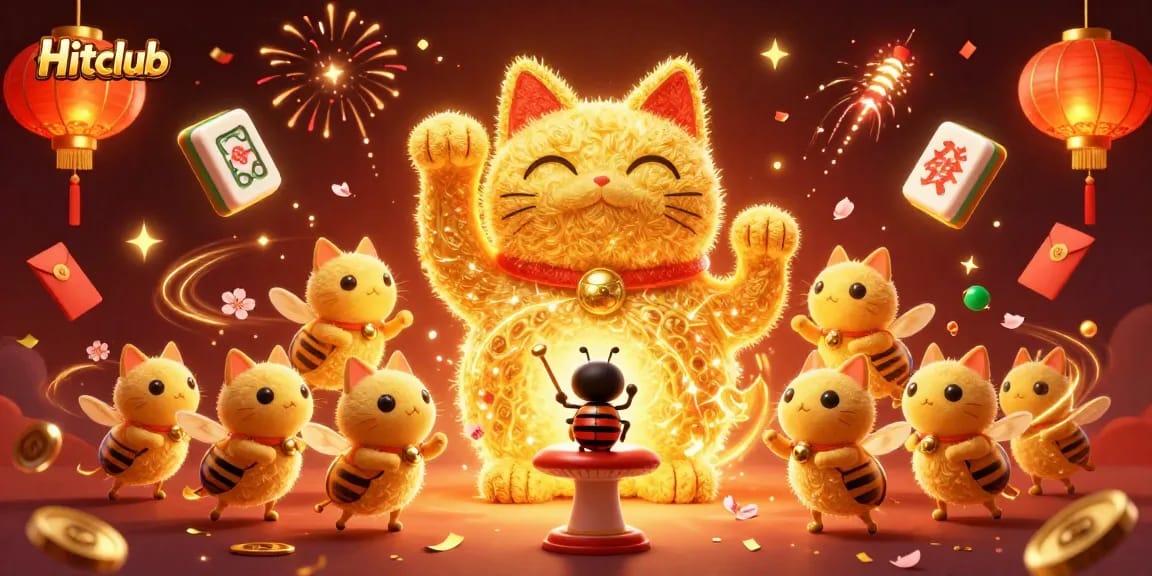 Experience the excitement of Hitclub with a vibrant 3D illustration showcasing casino symbols and a lucky cat.