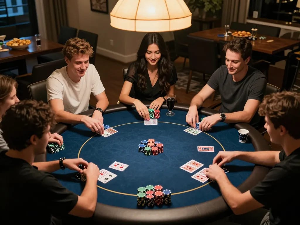 Friends enjoying a poker game night at home, showcasing laid-out cards and colorful chips, emphasizing social gambling experience on sunwin.