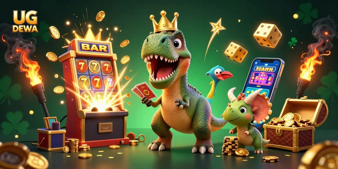 Experience thrilling gameplay at UG DEWA with 3D characters and exciting casino elements in this lively illustration.