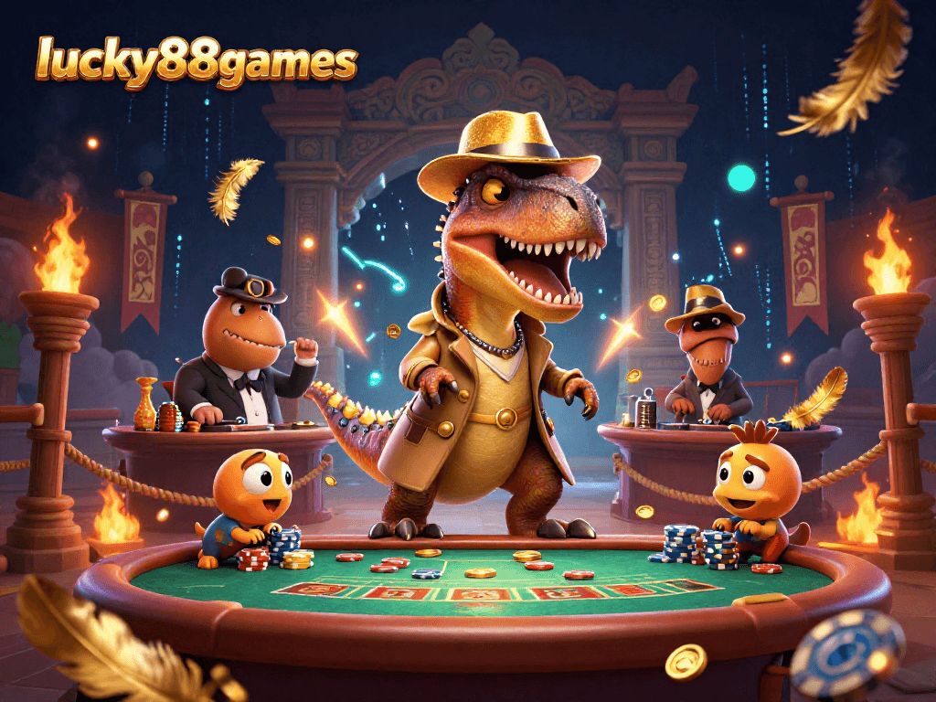 Engage with lucky88games at a vibrant blackjack table with animated dinosaurs and dynamic casino visuals.