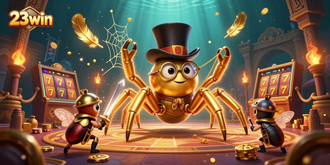 Experience the thrill of 23win with a vibrant casino scene featuring a golden tarantula and beetle knight.