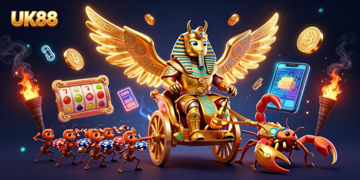 Engage with UK88's vibrant casino experience featuring thrilling slot games and crypto elements in a dynamic scene.