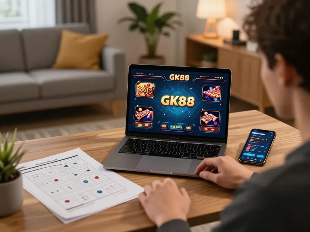 Player strategizing betting decisions on GK88 online casino interface at home.