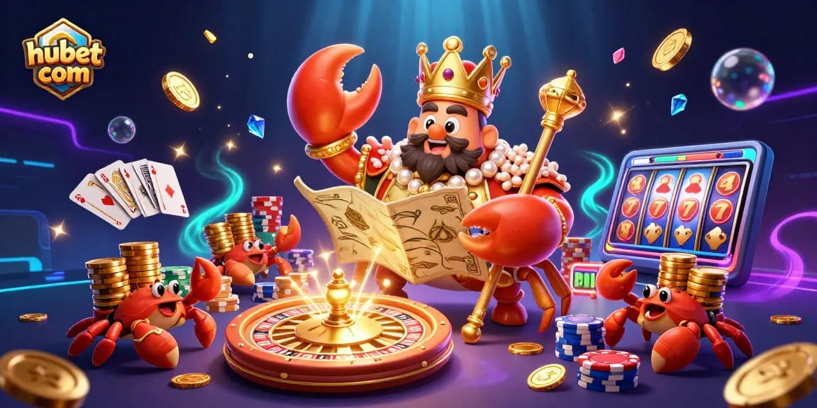 Play games at hubet com in an exciting casino scene with a golden crab emperor and vibrant elements around.