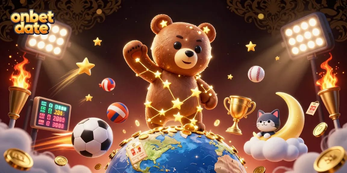 Join the excitement of onbet date with a 3D constellation bear and dynamic sports elements.
