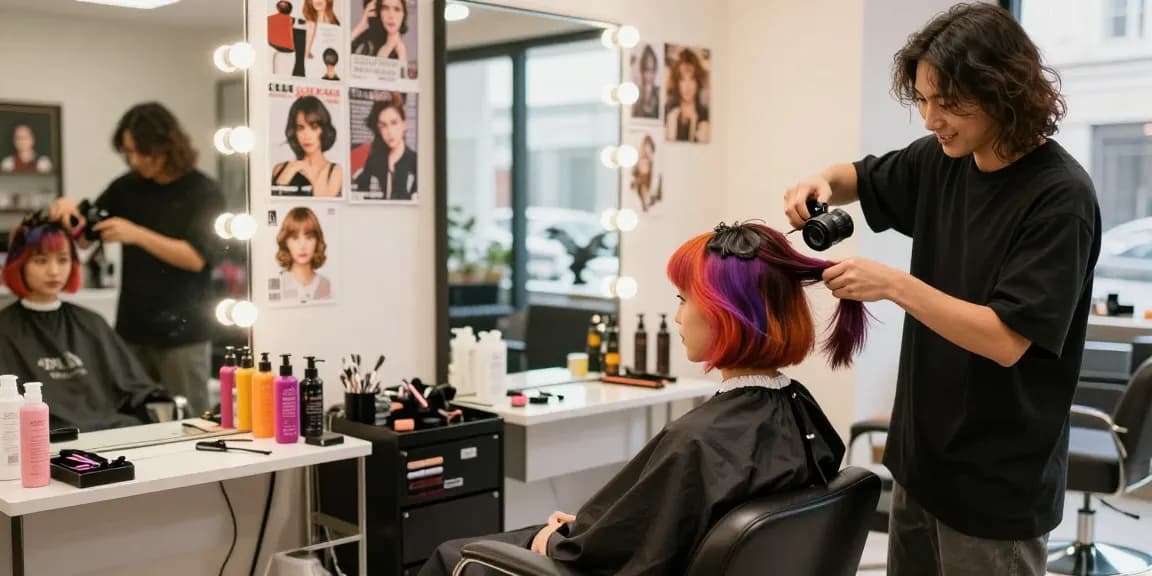 Fashionable woman showcasing a new hair style trend in a trendy salon.