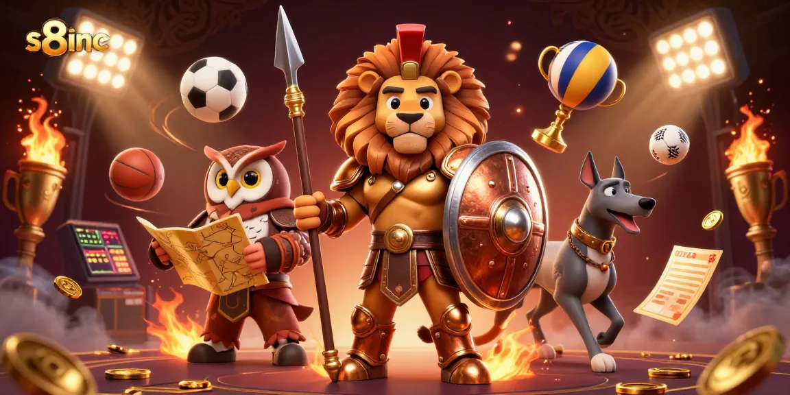 S8inc showcases a 3D cartoon Spartan lion, owl strategist, and greyhound messenger amidst vibrant sports elements.
