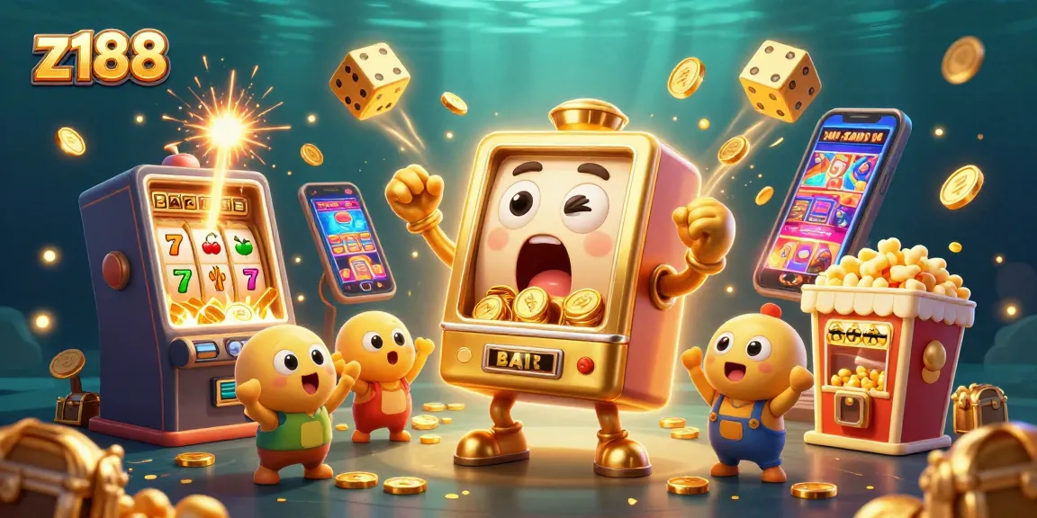 z188 slot machine celebrating a jackpot win with coins flowing and cheering companions.