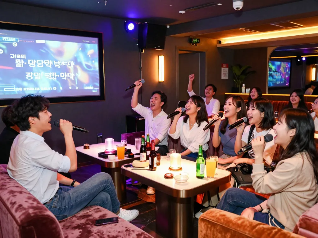 친구들이 강남달토 노래방에서 즐거운 밤을 보내며, 생동감 넘치는 조명과 프리미엄 음료가 축제 분위기를 만들어냅니다.