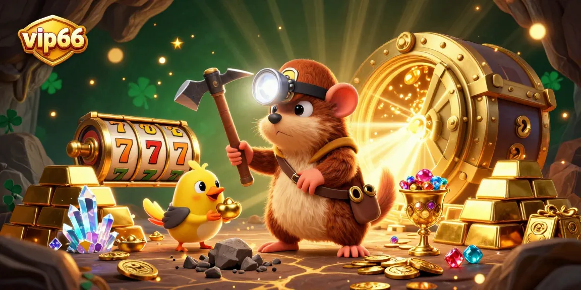 Experience vip66's exciting features while uncovering treasures in a vibrant cartoon casino scene.