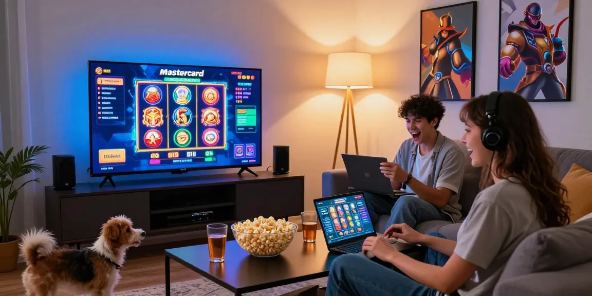 Friends enjoying gaming at mastercard casinos in a cozy modern living room filled with excitement and vibrant visuals.