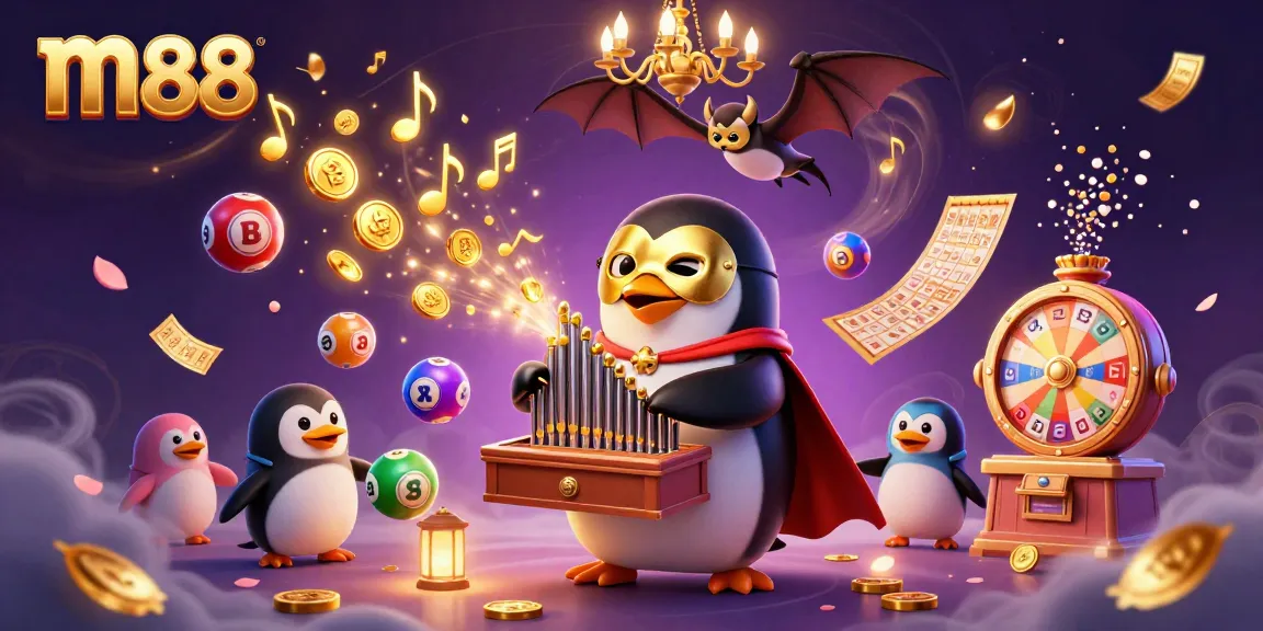 Engage in thrilling gaming adventures at m88 with the penguin playing organ and golden coins.