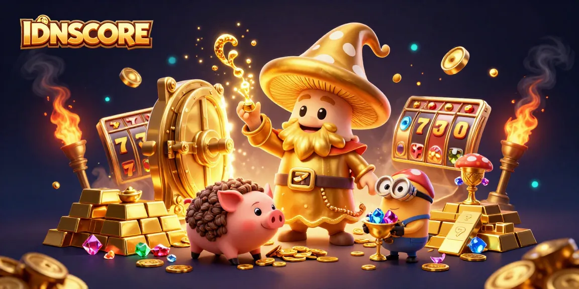 IDNSCORE elevates the gaming experience with a vibrant 3D illustration featuring whimsical golden elements and slot gaming themes.