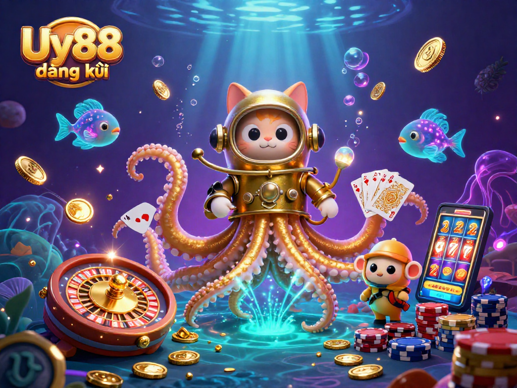 Join the thrilling world of Uy88 đăng ký, featuring a vibrant 3D kraken scene amidst sparkling treasures and games.