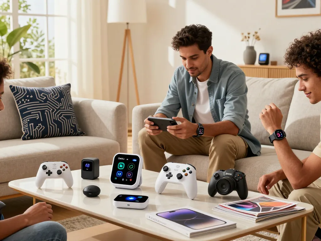 Engaged users exploring top 10 tech gadgets 2028 in a bright tech showcase living room.