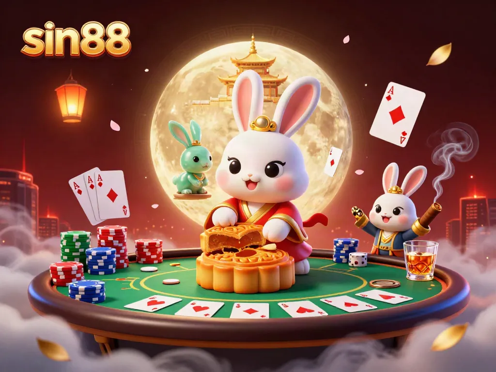 Experience thrilling gameplay at sin88 with a magical 3D scene showcasing a moon rabbit and poker elements in a vibrant casino atmosphere.
