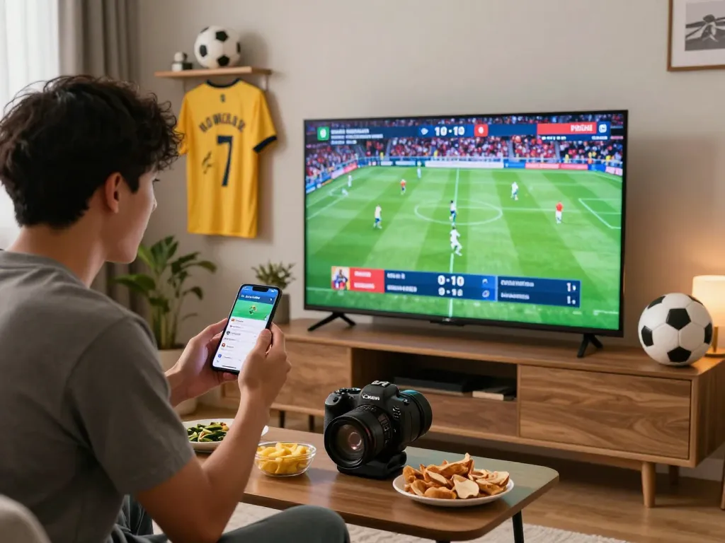 Fan engaging with NOWGOAL app while watching live football scores on TV in a cozy setting.