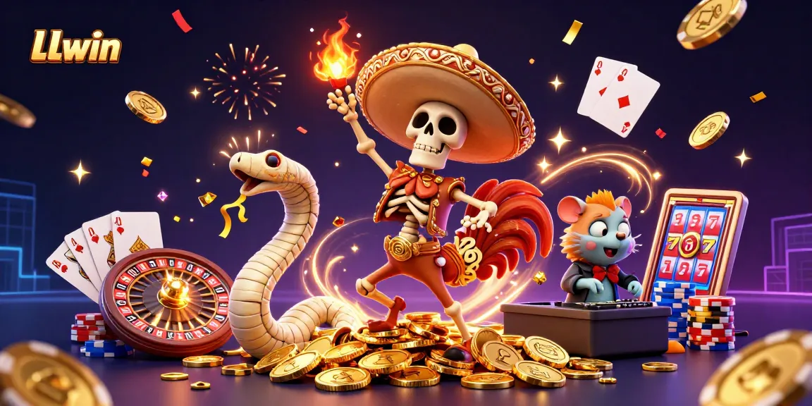 Celebrate wins at LLwin with vibrant 3D characters dancing on coins amidst dazzling casino elements.