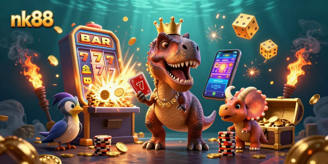 Experience thrilling gameplay with nk88, featuring a friendly T-Rex and vibrant casino elements.