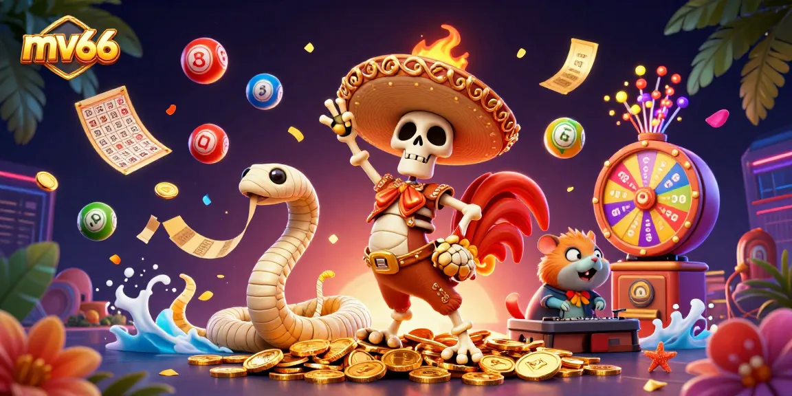 Experience thrilling gameplay at mv66 with a lively scene featuring lottery balls and casino characters.