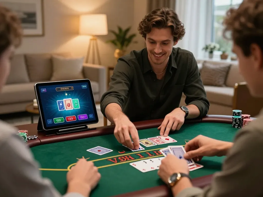 Player enjoying XX 88 blackjack on a tablet in a stylish living room, showcasing a strategic gaming moment.