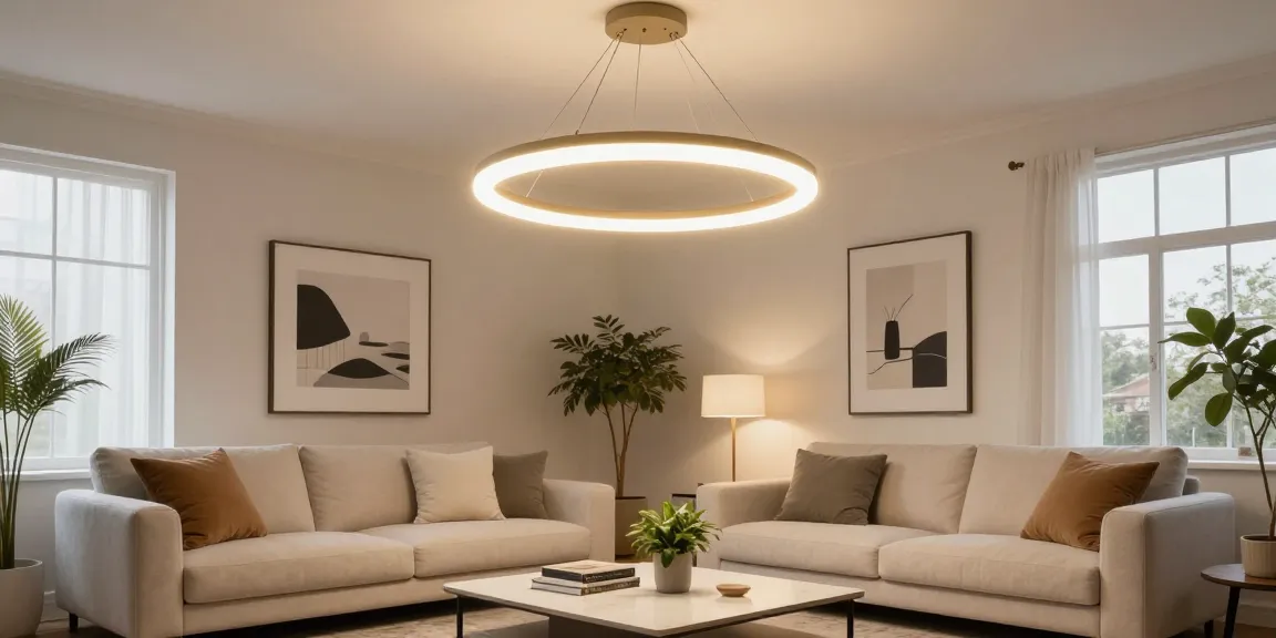 Candelabru LED elegant iluminând un living modern cu atmosferă caldă.