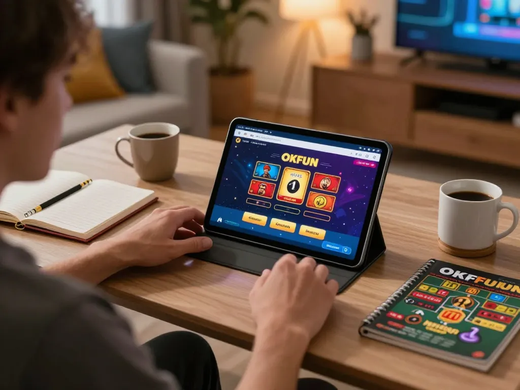 Engaged in online gambling at home using the trang chủ okfun app on a tablet.
