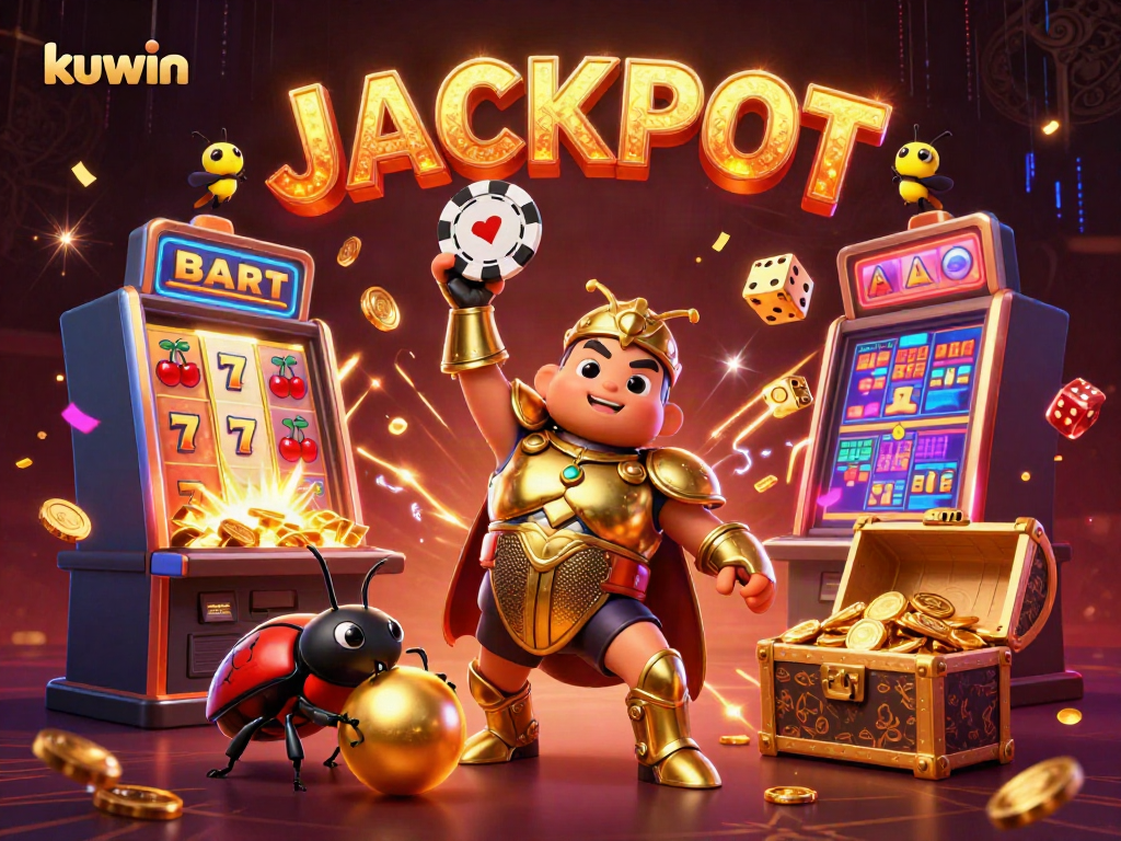kuwin hercules beetle celebrates victory with golden chips and spectacular slot machine explosion