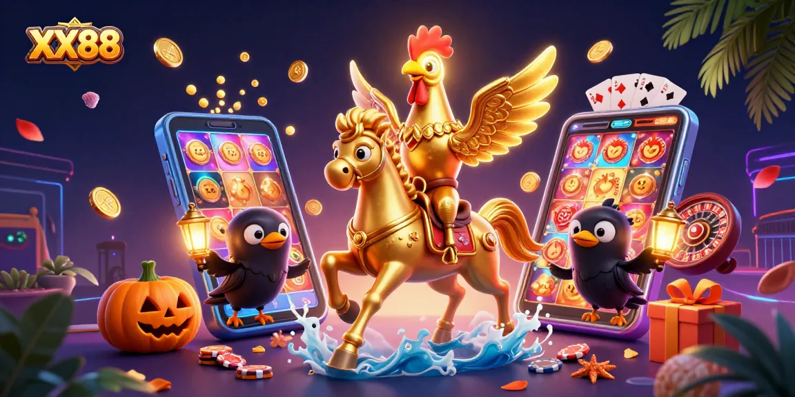 Engage in exciting action at XX88 Casino with a vibrant scene featuring a golden rooster and lantern-carrying crows.