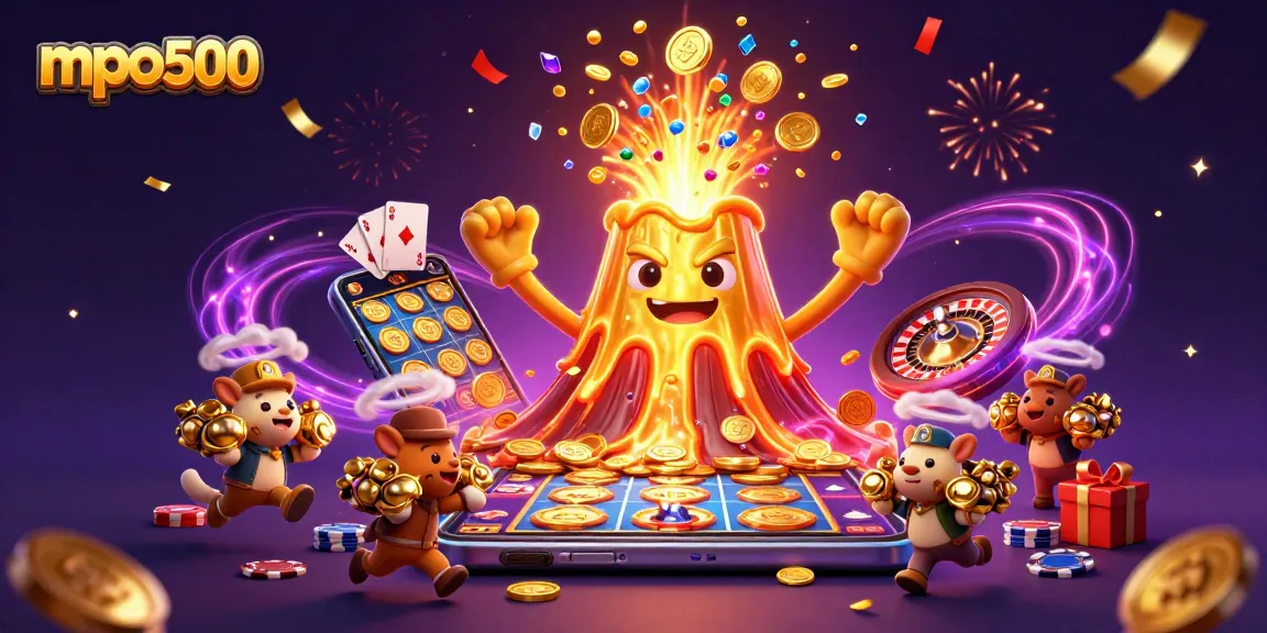 Spin into winnings with mpo500, featuring a golden volcano and treasure-laden explorer animals in a casino-themed scene.