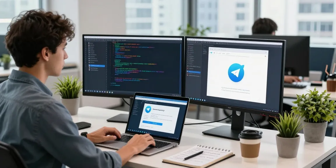 Developer coding on telegramin-cn.com in a modern office with high-resolution screens.