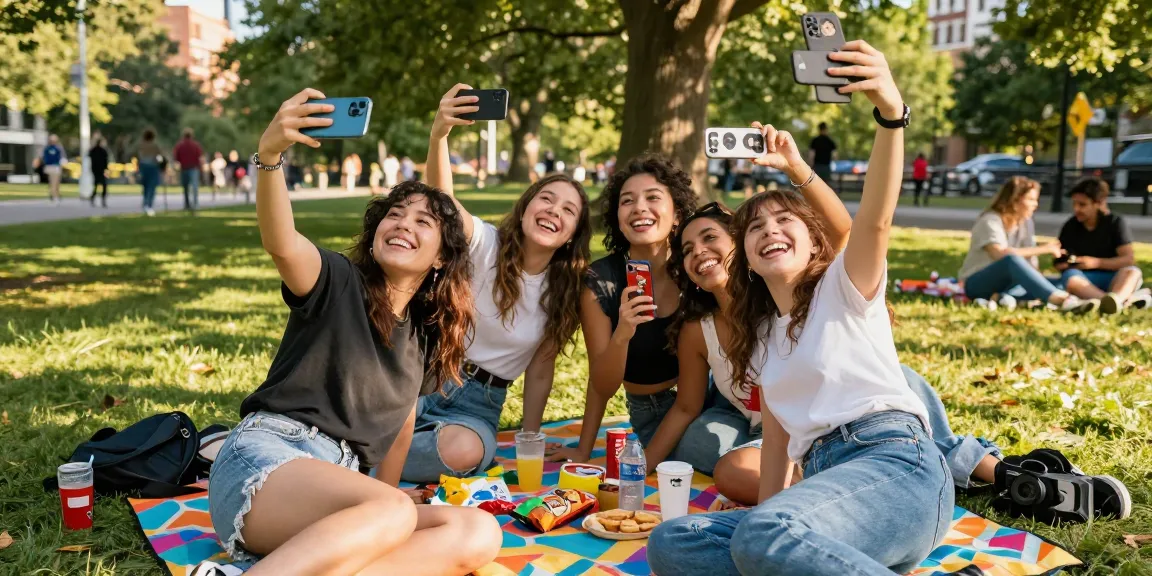 Friends enjoying a sunny day comparing their faces with celebrities that look alike in a lively park.