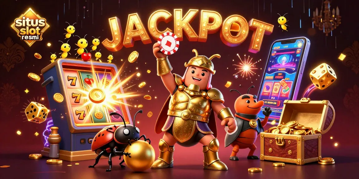 Experience the excitement of situs slot resmi with a victorious beetle character lifting a poker chip amidst a dynamic casino scene.
