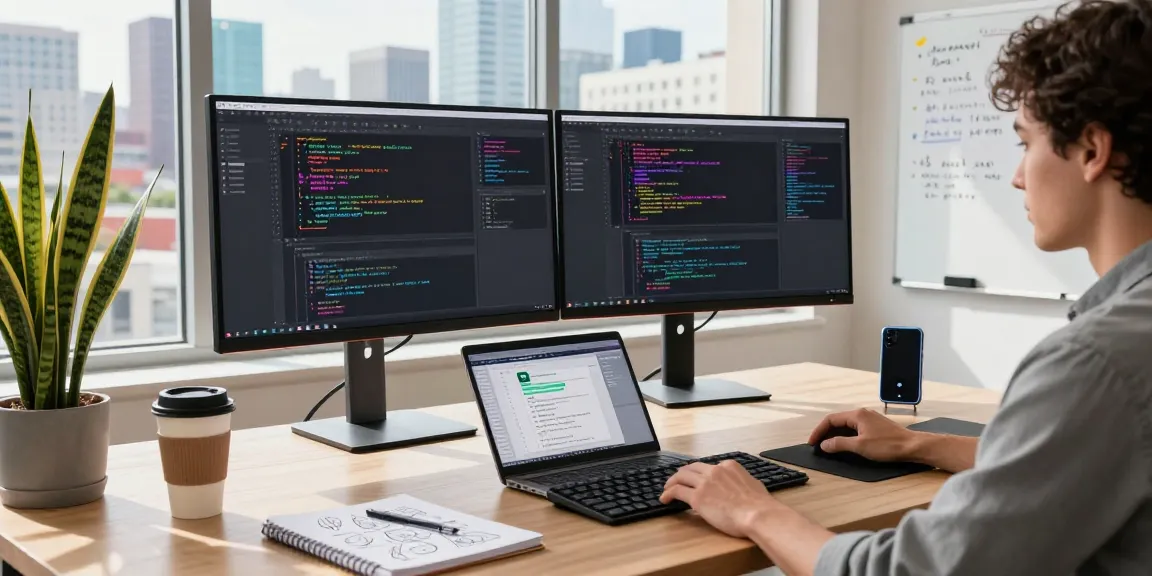 Software developer at a modern workstation coding on telegraimin.com with dual monitors, urban skyline visible through the window.