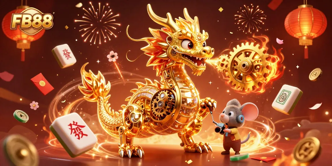 Engage with FB88's exciting casino experience featuring a biomechanical dragon and vibrant game elements.