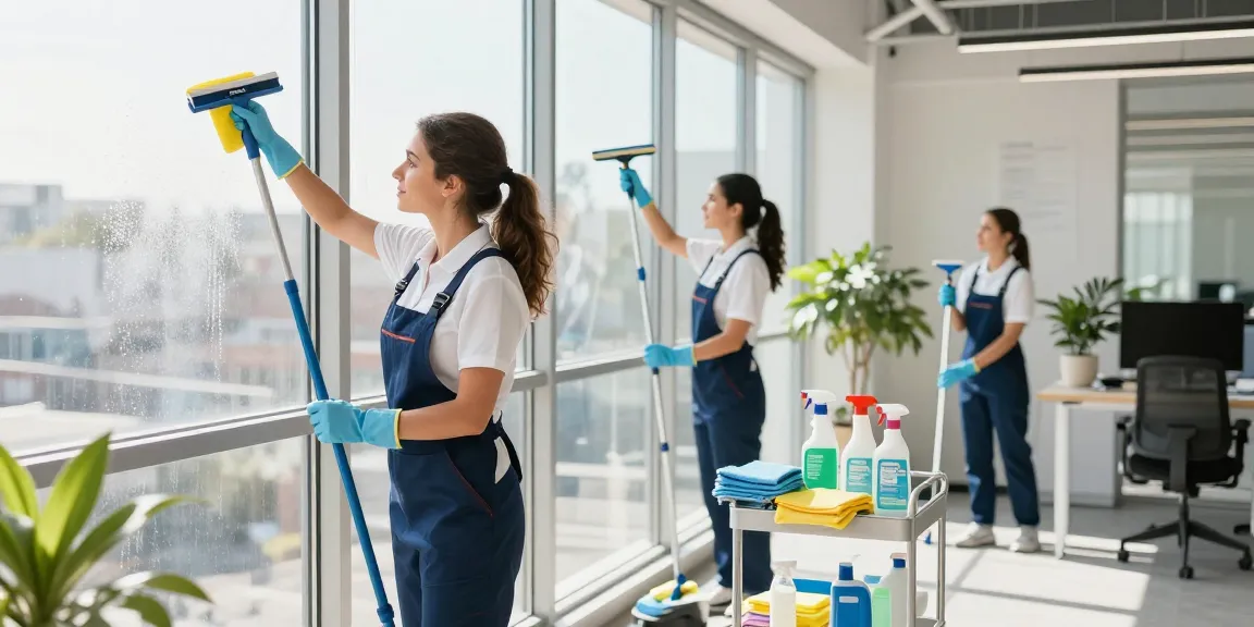 DISE Cleaning-Team reinigt Fenster mit umweltfreundlichen Produkten in modernem Büro.