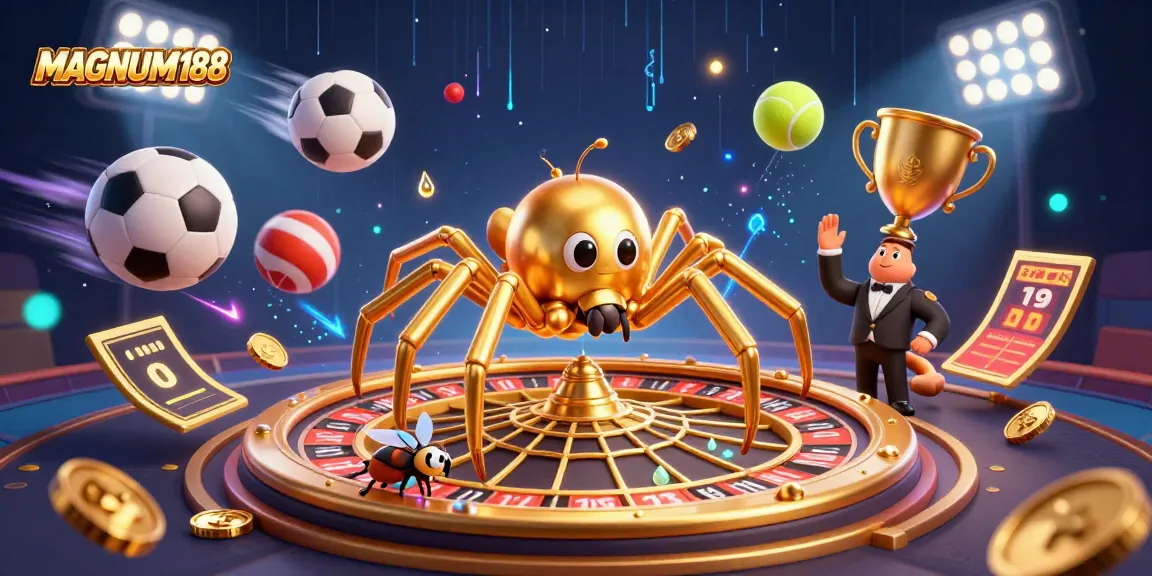 Experience MAGNUM188 thrilling bets with a dynamic roulette wheel and croupier in this vibrant 3D illustration.