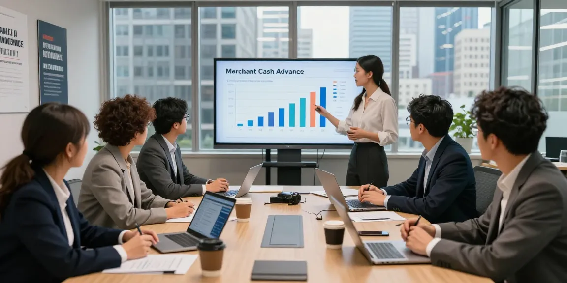 Team discussing merchant cash advance uk strategies in modern office.