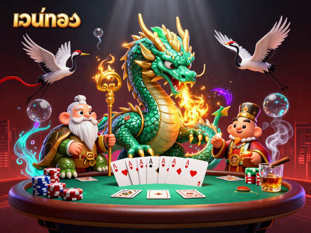 Experience เว็บตรง gaming thrills with dragon and turtle characters amidst dynamic poker elements.