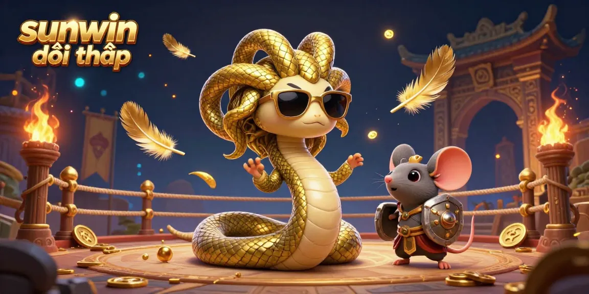 Experience the thrill at sunwin đổi thưởng with a vibrant 3D casino scene showcasing Medusa and a warrior mouse amid swirling gold details.