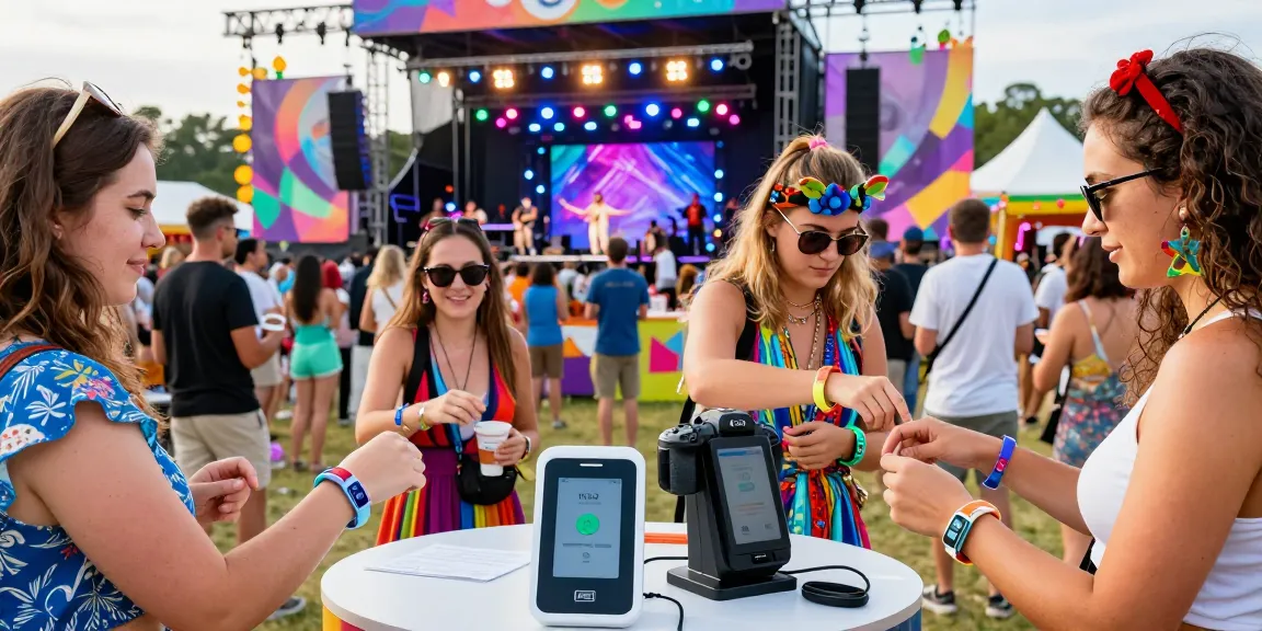 Attendees using pulseras electrónicas para festivales during an outdoor music festival for seamless access and cashless transactions.