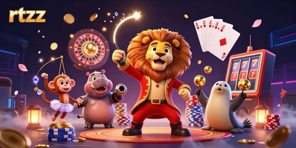 Experience excitement with rtzz's lively 3D circus-themed casino illustration showcasing vibrant characters and dynamic elements.