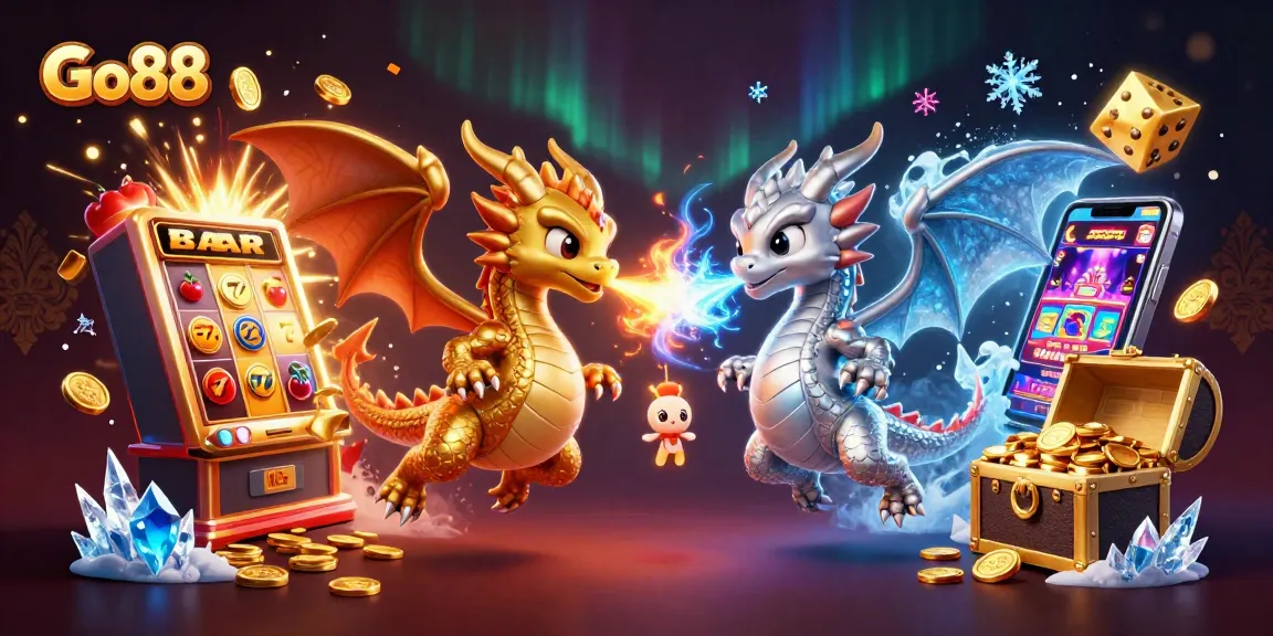 Engage with Go88's vibrant casino adventure featuring golden and silver dragons amidst thrilling slot action.