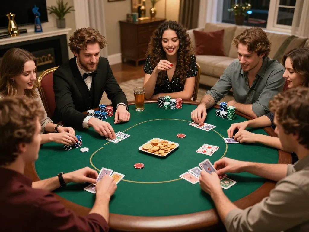 O8 players enjoy an engaging poker game with friends in a cozy home setting