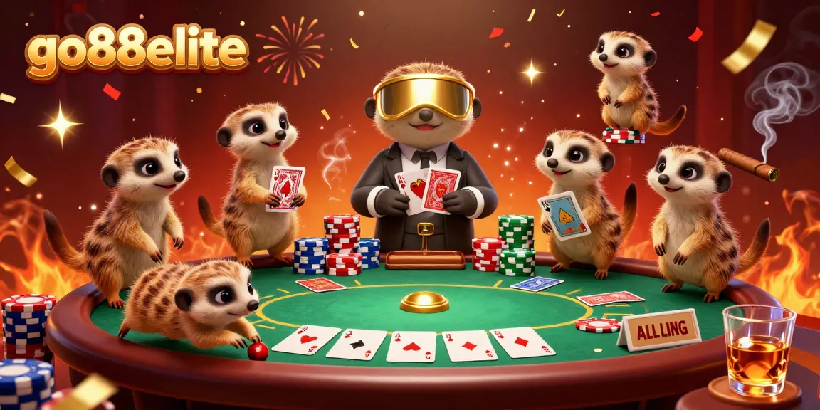 go88elite casino scene with meerkats engaging in poker, showcasing vibrant chips and dynamic atmosphere.