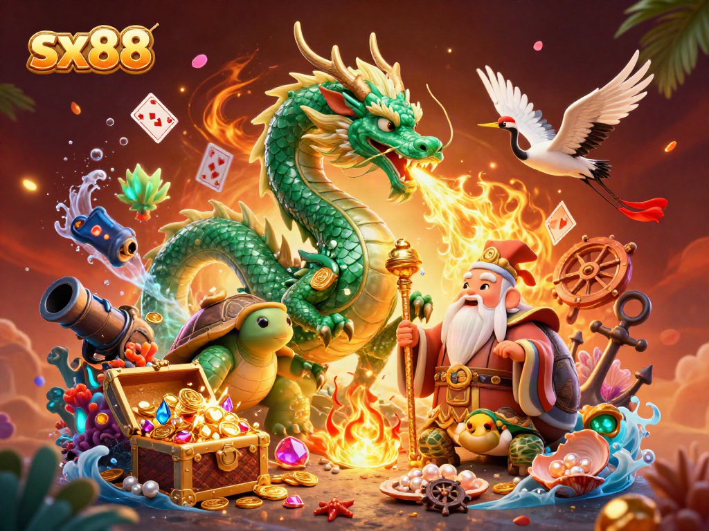 Experience the dynamic sx88 casino adventure with a jade dragon, a sage turtle, and lucky cranes surrounded by treasures and games.